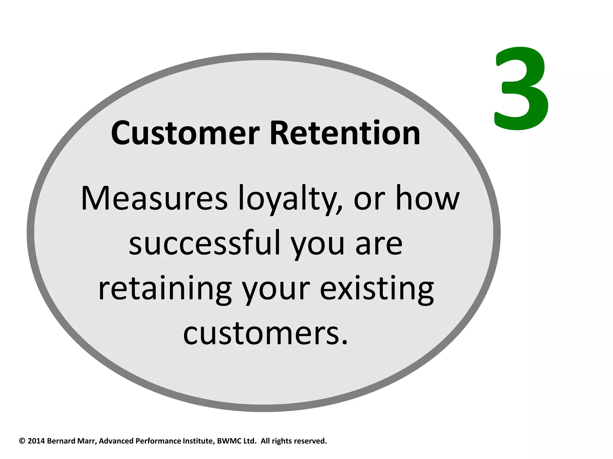 3 Customer Retention 
Measures loyalty, or how 
successful you are 
retaining your existing 
customers. 
© 2014 Bernard Marr, Advanced Performance Institute, BWMC Ltd. All rights reserved. 
 