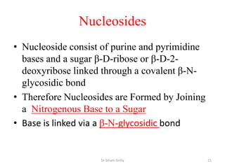Nucleosides
• Nucleoside consist of purine and pyrimidine
  bases and a sugar β-D-ribose or β-D-2-
  deoxyribose linked through a covalent β-N-
  glycosidic bond
• Therefore Nucleosides are Formed by Joining
  a Nitrogenous Base to a Sugar
• Base is linked via a β-N-glycosidic bond


                    Dr Siham Gritly             21
 
