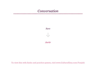 Conversation

Sure

Jarūr

To view this with Audio and practice games, visit www.CultureAlley.com/Punjabi

 