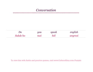 Conversation

Do
Sakde ho

you
tusī

speak
bōl

english
angrezi

To view this with Audio and practice games, visit www.CultureAlley.com/Punjabi

 