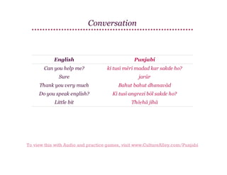Conversation

English

Punjabi

Can you help me?

kī tusī mērī madad kar sakde ho?

Sure

jarūr

Thank you very much

Bahut bahut dhanavād

Do you speak english?

Kī tusī angrezi bōl sakde ho?

Little bit

Thōṛhā jihā

To view this with Audio and practice games, visit www.CultureAlley.com/Punjabi

 