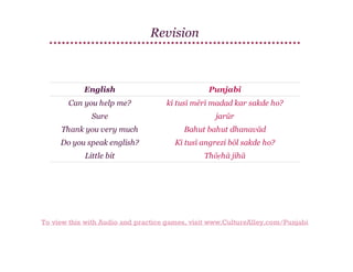 Revision

English

Punjabi

Can you help me?

kī tusī mērī madad kar sakde ho?

Sure

jarūr

Thank you very much

Bahut bahut dhanavād

Do you speak english?

Kī tusī angrezi bōl sakde ho?

Little bit

Thōṛhā jihā

To view this with Audio and practice games, visit www.CultureAlley.com/Punjabi

 