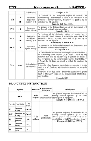 T.Y.EII Microprocessor-III N.KAPOOR 5 
with borrow Example: XCHG 
INR 
R 
M 
Increment 
register or 
memory by 1 
The contents of the designated register or memory) are 
incremented by 1 and the result is stored in the same place. If the 
operand is a memory location, its location is specified by the 
contents of the HL registers. 
Example: INR B or INR M 
INX R Increment 
register pair by 1 
The contents of the designated register pair are incremented by 1 
and the result is stored in the same place. 
Example: INX H 
DCR 
R 
M 
Decrement 
register or 
memory by 1 
The contents of the designated register or memory are M 
decremented by 1 and the result is stored in the same place. If the 
operand is a memory location, its location is specified by the 
contents of the HL registers. 
Example: DCR B or DCR M 
DCX R Decrement 
register pair by 1 
The contents of the designated register pair are decremented by 1 
and the result is stored in the same place. 
Example: DCX H 
DAA none Decimal adjust 
accumulator 
The contents of the accumulator are changed from a binary value to 
two 4-bit binary coded decimal (BCD) digits. This is the only 
instruction that uses the auxiliary flag to perform the binary to 
BCD conversion, and the conversion procedure is described below. 
S, Z, AC, P, CY flags are altered to reflect the results of the 
operation. 
If the value of the low-order 4-bits in the accumulator is greater 
than 9 or if AC flag is set, the instruction adds 6 to the low-order 
four bits. 
If the value of the high-order 4-bits in the accumulator is greater 
than 9 or if the Carry flag is set, the instruction adds 6 to the high-order 
four bits. 
Example: DAA 
BRANCHING INSTRUCTIONS 
Opcode Operand Explanation of 
Instruction Description 
JMP 16-bit 
address 
Jump 
unconditionally 
The program sequence is transferred to the 
memory location specified by the 16-bit 
address given in the operand. 
Example: JMP 2034H or JMP XYZ 
Opcode Description Flag 
Status 
JC Jump on 
Carry CY = 1 
JNC Jump on no 
Carry CY = 0 
JP Jump on 
positive S = 0 
JM Jump on 
minus S = 1 
JZ Jump on 
zero Z = 1 
16-bit 
address 
Jump 
conditionally 
The program sequence is transferred to the 
memory location specified by the 16-bit 
address given in the operand based on the 
specified flag of the PSW as described below. 
Example: JZ 2034H or JZ XYZ 
 