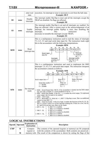 T.Y.EII Microprocessor-III N.KAPOOR 8 
enter wait 
state 
execution. An interrupt or reset is necessary to exit from the halt state. 
Example: HLT 
DI none Disable 
interrupts 
The interrupt enable flip-flop is reset and all the interrupts except the 
TRAP are disabled. No flags are affected. 
Example: DI 
EI none Enable 
interrupts 
The interrupt enable flip-flop is set and all interrupts are enabled. No 
flags are affected. After a system reset or the acknowledgement of an 
interrupt, the interrupt enable flipflop is reset, thus disabling the 
interrupts. This instruction is 
necessary to reenable the interrupts (except TRAP). 
Example: EI 
RIM none Read 
interrupt mas 
This is a multipurpose instruction used to read the status of interrupts 
7.5, 6.5, 5.5 and read serial data input bit. The instruction loads eight 
bits in the accumulator with the following interpretations. 
Example: RIM 
SIM none Set interrupt 
mask 
This is a multipurpose instruction and used to implement the 8085 
interrupts 7.5, 6.5, 5.5, and serial data output. The instruction interprets 
the accumulator contents as follows. 
Example: SIM 
LOGICAL INSTRUCTIONS 
Opcode Operand Explanation of 
Instruction Description 
CMP R 
M 
Compare 
register or 
memory with 
The contents of the operand (register or memory) are M compared 
with the contents of the accumulator. Both contents are preserved . 
The result of the comparison is shown by setting the flags of the 
 