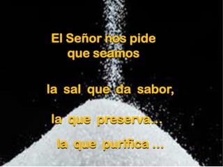 El Señor nos pide
que seamos
la sal que da sabor,
la que preserva…
la que purifica …

 