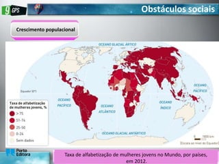 Obstáculos sociais
Crescimento populacional
Taxa de alfabetização de mulheres jovens no Mundo, por países,
em 2012.
 