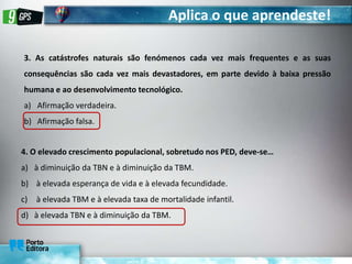 Aplica o que aprendeste!
3. As catástrofes naturais são fenómenos cada vez mais frequentes e as suas
consequências são cada vez mais devastadores, em parte devido à baixa pressão
humana e ao desenvolvimento tecnológico.
a) Afirmação verdadeira.
b) Afirmação falsa.
4. O elevado crescimento populacional, sobretudo nos PED, deve-se…
a) à diminuição da TBN e à diminuição da TBM.
b) à elevada esperança de vida e à elevada fecundidade.
c) à elevada TBM e à elevada taxa de mortalidade infantil.
d) à elevada TBN e à diminuição da TBM.
 