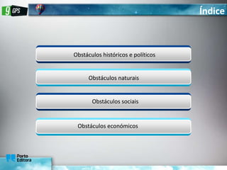 Obstáculos históricos e políticos
Obstáculos naturais
Obstáculos sociais
Índice
Obstáculos económicos
 