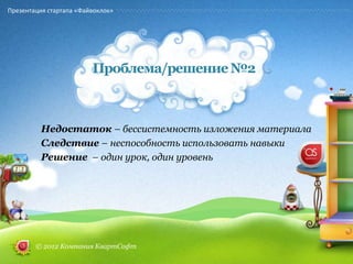 Презентация стартапа «Файвоклок»




                         Проблема/решение №2



          Недостаток – бессистемность изложения материала
          Следствие – неспособность использовать навыки
          Решение – один урок, один уровень




        © 2012 Компания КвартСофт
 