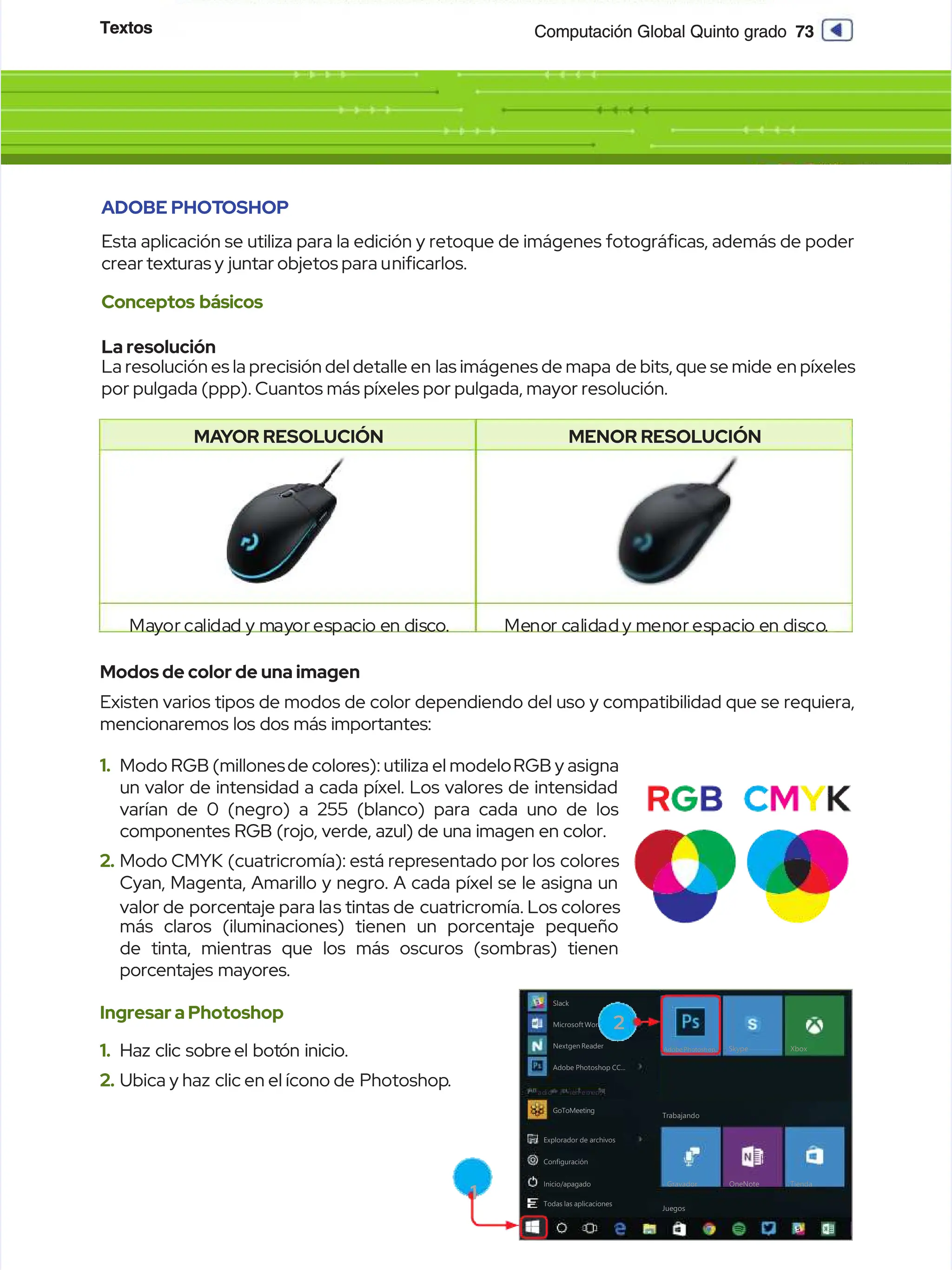 Textos
Textos 73
73
Computación Global Quinto grado
Computación Global Quinto grado
M
MA
AY
YO
OR
R R
RE
ES
SO
OL
LU
UC
CI
IÓ
ÓN
N M
ME
EN
NO
OR
R R
RE
ES
SO
OL
LU
UC
CI
IÓ
ÓN
N
Ma
May
yor
or ca
cali
lida
dad y m
d y may
ayor
or es
espa
paci
cio e
o en d
n dis
isc
co
o.
. Me
Meno
nor c
r cal
alid
idad
ad y m
y men
enor
or es
espa
paci
cio e
o en d
n dis
isco
co.
.
ADOBE PHOT
ADOBE PHOTOSHOP
OSHOP
Esta aplicación se utiliza para la edición y retoque de imágenes fotográcas, además de poder
Esta aplicación se utiliza para la edición y retoque de imágenes fotográcas, además de poder
crear tex
crear texturas y
turas y juntar objetos para u
juntar objetos para unicarlos.
nicarlos.
Conceptos básicos
Conceptos básicos
La resolución
La resolución
La resolución es la precisión del detalle en
La resolución es la precisión del detalle en las imágenes de mapa
las imágenes de mapa de bits, que se mide
de bits, que se mide en píxeles
en píxeles
por pulgada (ppp). Cuantos más píxeles por pulgada, mayor resolución.
por pulgada (ppp). Cuantos más píxeles por pulgada, mayor resolución.
Modos de color de una imagen
Modos de color de una imagen
Existen varios tipos de modos de color dependiendo del uso y compatibilidad que se requiera,
Existen varios tipos de modos de color dependiendo del uso y compatibilidad que se requiera,
mencionaremos los dos más importantes:
mencionaremos los dos más importantes:
1.
1. Modo RGB (millones
Modo RGB (millonesde color
de colores): utiliza el modelo
es): utiliza el modeloRGB y asigna
RGB y asigna
un valor de intensidad a cada píxel. Los valores de intensidad
un valor de intensidad a cada píxel. Los valores de intensidad
varían de 0 (negro) a 255 (blanco) para cada uno de los
varían de 0 (negro) a 255 (blanco) para cada uno de los
componentes RGB (rojo, verde, azul) de una imagen en color.
componentes RGB (rojo, verde, azul) de una imagen en color.
2.
2. Modo CMYK
Modo CMYK (cuatricromía): está repr
(cuatricromía): está representado por los
esentado por los colores
colores
Cyan, Magenta, Amarillo y negro. A cada píxel se le asigna un
Cyan, Magenta, Amarillo y negro. A cada píxel se le asigna un
valor de
valor de porcen
porcentaje para la
taje para las tintas de
s tintas de cuatricromía. Los colores
cuatricromía. Los colores
más claros (iluminaciones) tienen un porcentaje pequeño
más claros (iluminaciones) tienen un porcentaje pequeño
de tinta, mientras que los más oscuros (sombras) tienen
de tinta, mientras que los más oscuros (sombras) tienen
porcentajes mayores.
porcentajes mayores.
Ingresar a Photoshop
Ingresar a Photoshop
1.
1. Haz clic sobre
Haz clic sobre el bot
el botón inicio.
ón inicio.
2.
2. Ubica y haz
Ubica y haz clic en el ícono de
clic en el ícono de Photoshop
Photoshop.
.
Slack
Slack
Microsoft Word
Microsoft Word
Nextgen Reader
Nextgen Reader
Adobe Photoshop CC...
Adobe Photoshop CC...
GoToMeeting
GoToMeeting
Explorador de archivos
Explorador de archivos
Configuración
Configuración
Inicio/apagado
Inicio/apagado
Todas las aplicaciones
Todas las aplicaciones
Juegos
Juegos
Trabajando
Trabajando
Calendario
Calendario
Correo
Correo
G
Gr
ra
av
va
ad
do
or
r O
On
ne
eN
No
ot
te
e T
Ti
ie
en
nd
da
a
S
Sk
ky
yp
pe
e X
Xb
bo
ox
x
Perú
Perú
19
19
14
14
1
18
8 1
18
8
11
11 10
10
ad
adid
id r
r ie
ien
n em
emen
en
S
Sk
ky
yp
pe
e X
Xb
bo
ox
x
Adobe Photoshop...
Adobe Photoshop...
1
1
2
2
 