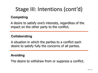 Stage III: Intentions (cont’d)
Competing
A desire to satisfy one’s interests, regardless of the
impact on the other party to the conflict.

Collaborating
A situation in which the parties to a conflict each
desire to satisfy fully the concerns of all parties.

Avoiding
The desire to withdraw from or suppress a conflict.

                                                         14–13
 