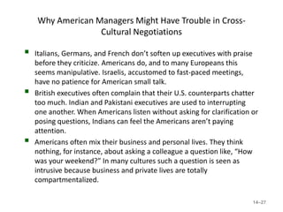 Why American Managers Might Have Trouble in Cross-
                  Cultural Negotiations

   Italians, Germans, and French don’t soften up executives with praise
    before they criticize. Americans do, and to many Europeans this
    seems manipulative. Israelis, accustomed to fast-paced meetings,
    have no patience for American small talk.
   British executives often complain that their U.S. counterparts chatter
    too much. Indian and Pakistani executives are used to interrupting
    one another. When Americans listen without asking for clarification or
    posing questions, Indians can feel the Americans aren’t paying
    attention.
   Americans often mix their business and personal lives. They think
    nothing, for instance, about asking a colleague a question like, “How
    was your weekend?” In many cultures such a question is seen as
    intrusive because business and private lives are totally
    compartmentalized.

                                                                        14–27
 