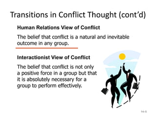 Transitions in Conflict Thought (cont’d)
  Human Relations View of Conflict
  The belief that conflict is a natural and inevitable
  outcome in any group.

  Interactionist View of Conflict
  The belief that conflict is not only
  a positive force in a group but that
  it is absolutely necessary for a
  group to perform effectively.



                                                         14–5
 