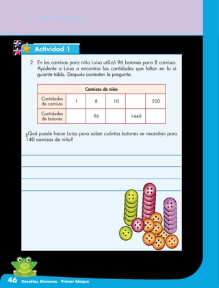 46 Desafíos Alumnos. Primer bloque
17. Los botones
Actividad 1
2.	 En las camisas para niño Luisa utilizó 96 botones para 8 camisas.
Ayúdenle a Luisa a encontrar las cantidades que faltan en la si-
guiente tabla. Después contesten la pregunta.
¿Qué puede hacer Luisa para saber cuántos botones se necesitan para
140 camisas de niño?
Camisas de niño
Cantidades
de camisas
1 8 10 200
Cantidades
de botones
96 1440
 