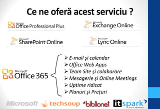 Ce ne oferă acest serviciu ?



          E-mail şi calendar
          Office Web Apps
          Team Site şi colaborare
          Mesagerie şi Online Meetings
          Uptime ridicat
          Planuri şi Prețuri
 