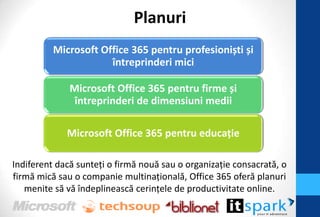Planuri
          Microsoft Office 365 pentru profesioniști și
                      întreprinderi mici

              Microsoft Office 365 pentru firme și
               întreprinderi de dimensiuni medii

             Microsoft Office 365 pentru educaţie

Indiferent dacă sunteţi o firmă nouă sau o organizaţie consacrată, o
firmă mică sau o companie multinaţională, Office 365 oferă planuri
   menite să vă îndeplinească cerinţele de productivitate online.
 