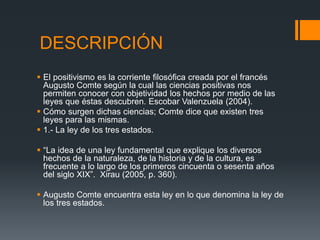 DESCRIPCIÓN
 El positivismo es la corriente filosófica creada por el francés
Augusto Comte según la cual las ciencias positivas nos
permiten conocer con objetividad los hechos por medio de las
leyes que éstas descubren. Escobar Valenzuela (2004).
 Cómo surgen dichas ciencias; Comte dice que existen tres
leyes para las mismas.
 1.- La ley de los tres estados.
 “La idea de una ley fundamental que explique los diversos
hechos de la naturaleza, de la historia y de la cultura, es
frecuente a lo largo de los primeros cincuenta o sesenta años
del siglo XIX”. Xirau (2005, p. 360).
 Augusto Comte encuentra esta ley en lo que denomina la ley de
los tres estados.
 