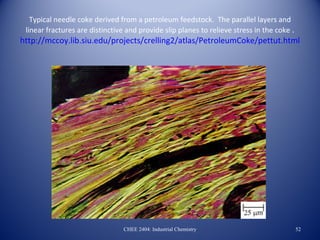 Typical needle coke derived from a petroleum feedstock. The parallel layers and
 linear fractures are distinctive and provide slip planes to relieve stress in the coke .
http://mccoy.lib.siu.edu/projects/crelling2/atlas/PetroleumCoke/pettut.html




                                 CHEE 2404: Industrial Chemistry                            52
 