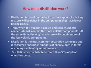 How does distillation work?

• Distillation is based on the fact that the vapour of a boiling
  mixture will be richer in the components that have lower
  boiling points.
• Thus, when this vapour is cooled and condensed, the
  condensate will contain the more volatile components. At
  the same time, the original mixture will contain more of
  the less volatile components.
• Distillation is the most common separation technique and
  it consumes enormous amounts of energy, both in terms
  of cooling and heating requirements.
• Distillation can contribute to more than 50% of plant
  operating costs.


                       CHEE 2404: Industrial Chemistry             19
 