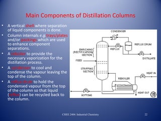 Main Components of Distillation Columns
•   A vertical shell where separation
    of liquid components is done.
•   Column internals e.g.trays/plates
    and/or packings which are used
    to enhance component
    separations.
•   A reboiler to provide the
    necessary vaporization for the
    distillation process.
•   A condenser to cool and
    condense the vapour leaving the
    top of the column.
•   A reflux drum to hold the
    condensed vapour from the top
    of the column so that liquid
    (reflux) can be recycled back to
    the column.


                                 CHEE 2404: Industrial Chemistry   22
 