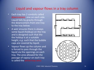 Liquid and vapour flows in a tray column
•   Each tray has 2 conduits called
    downcomers: one on each side.
    Liquid falls by gravity through
    the downcomers from one tray
    to the tray below.
•   A weir ensures there is always
    some liquid (holdup) on the tray
    and is designed such that the
    the holdup is at a suitable
    height, e.g. such that the bubble
    caps are covered by liquid.
•   Vapour flows up the column and
    is forced to pass through the
    liquid via the openings on each
    tray. The area allowed for the
    passage of vapour on each tray
    is called the active tray area.

                           CHEE 2404: Industrial Chemistry   26
 