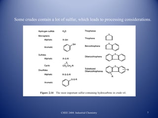 Some crudes contain a lot of sulfur, which leads to processing considerations.




                          CHEE 2404: Industrial Chemistry                  7
 