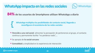WhatsApp impacta en las redes sociales
 84% de los usuarios de Smartphone utilizan WhatsApp a diario
         WhatsApp multiplica las posibilidades de contacto social, llegando a
             reconfigurar el ecosistema de las redes sociales


    Parecido a una red social: alimentar la percepción de pertenencia al grupo, el contacto
     continuo y permanente facilita “no perderse nada”,…
    Se apropia de lo social-cercano
    Comodidad y simplicidad en la experiencia de interacción

                                             20
 