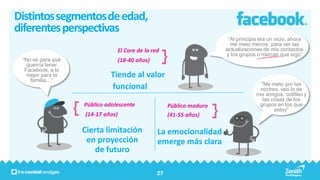 Distintos segmentos de edad,
diferentes perspectivas
                                                                         “Al principio era un vicio, ahora
                                                                          me meto menos, para ver las
                                  El Core de la red                     actualizaciones de mis contactos
                                                                        y los grupos o marcas que sigo”
 “No sé para qué                  (18-40 años)
   querría tener
  Facebook, a lo
   mejor para la             Tiende al valor
    familia…”
                                                                                       “Me meto por las
                             funcional                                                noches, veo lo de
                                                                                     mis amigos, cotilleo y
                                                                                        las cosas de los
                   Público adolescente                 Público maduro                 grupos en los que
                                                                                             estoy”
                   (14-17 años)                        (41-55 años)

                   Cierta limitación              La emocionalidad
                    en proyección                 emerge más clara
                       de futuro

                                                  27
 