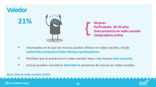 Valedor
        21%                                                   Mujeres
                                                              Perfil adulto 36-45 años
                                                              Gran presencia en redes sociales
                                                              Compradores online


              Interesados en lo que las marcas pueden ofrecer en redes sociales, desde
               contenidos exclusivos hasta ofertas o promociones.
              Perciben que la presencia en redes sociales hace a las marcas más cercanas.
              Incluso pueden considerar divertida la presencia de marcas en redes sociales.

Base: Está en redes sociales (1432)


                                                  41
 