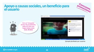 Apoyo a causas sociales, un beneficio para
el usuario


            Con un “me gusta”
          donas 1Kg de alimento,
            está muy bien que
            hagan estas cosas
              Luis, 32 años




                                        Ejemplo facilitado por usuarios




                                   68
 
