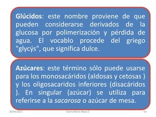 26/08/2023 Gloria Maria Mejia Z. 63
Glúcidos: este nombre proviene de que
pueden considerarse derivados de la
glucosa por polimerización y pérdida de
agua. El vocablo procede del griego
"glycýs", que significa dulce.
Azúcares: este término sólo puede usarse
para los monosacáridos (aldosas y cetosas )
y los oligosacaridos inferiores (disacáridos
). En singular (azúcar) se utiliza para
referirse a la sacarosa o azúcar de mesa.
 