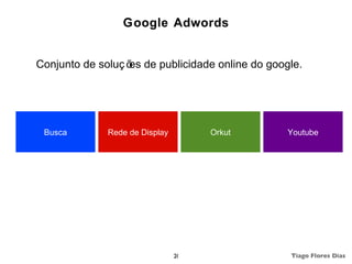 Google Adwords


Conjunto de soluç õ de publicidade online do google.
                   es




 Busca        Rede de Display        Orkut       Youtube




                                20               Tiago Flores Dias
 