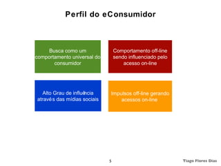 Perfil do eConsumidor



     Busca como um                Comportamento off-line
comportamento universal do        sendo influenciado pelo
       consumidor                     acesso on-line




  Alto Grau de influência     Impulsos off-line gerando
atravé s das mídias sociais       acessos on-line




                              5                             Tiago Flores Dias
 
