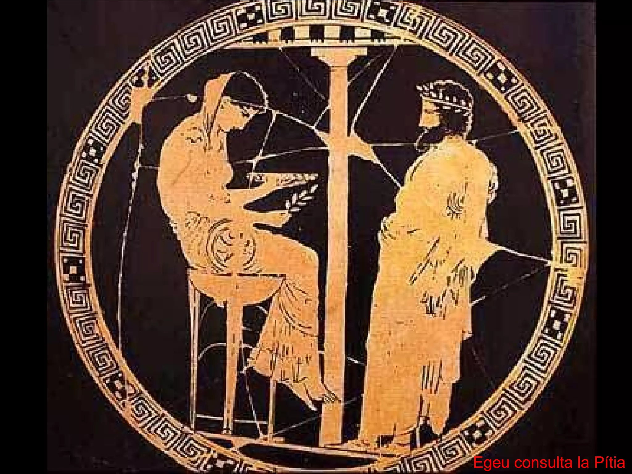 RITUALS DE LA CONSULTA  Només es feien consultes una vegada al mes, el dia 7, aniversari del naixement d’Apol·lo .  Una vegada purificat amb l’aigua de la font Castàlia, el consultant era rebut pels sacerdots i es dirigia al temple per la Vía Sacra.  A l’entrada pagava un impost (en metàl·lic o un pastís de mel) i oferia com a sacrifici una cabra o ovella .  Si el sacrifici era aceptat pel déu (l’animal havia de repelir l’aigua amb què era esquitxat) entrava al temple i feia la pregunta. Però, si no  era acceptat, havia d’esperar fins el següent mes.  Egeu consulta la Pítia 