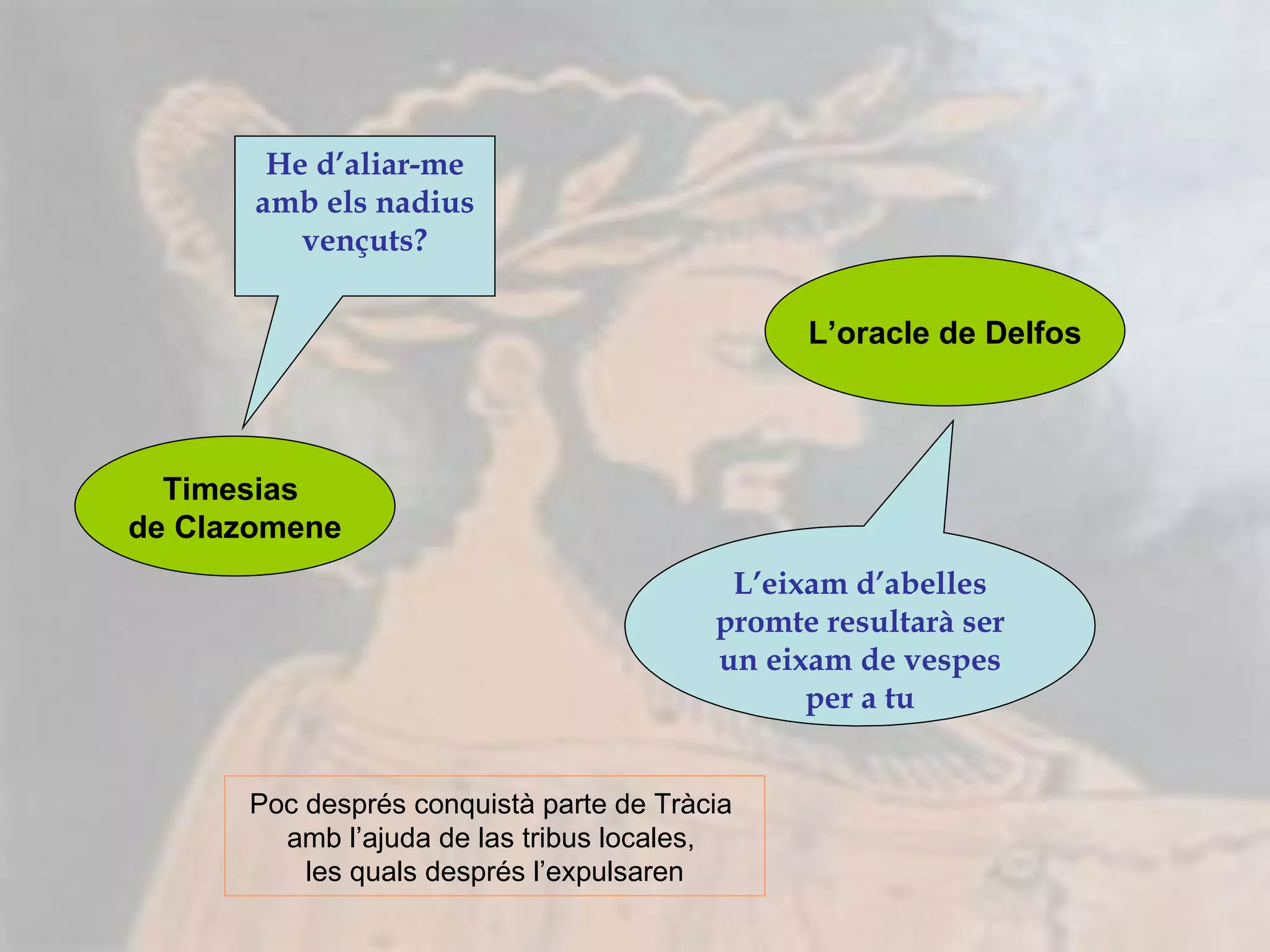 Timesias  de Clazomene L’oracle de Delfos He d’aliar-me amb els nadius vençuts? L’eixam d’abelles promte resultarà ser un eixam de vespes per a tu Poc després conquistà parte de Tràcia  amb l’ajuda de las tribus locales,  les quals després l’expulsaren 