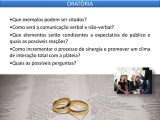 •Que exemplos podem ser citados?
•Como será a comunicação verbal e não-verbal?
•Que elementos serão condizentes a expectativa do público e
quais as possíveis reações?
•Como incrementar o processo de sinergia e promover um clima
de interação total com a plateia?
•Quais as possíveis perguntas?
ORATÓRIA
 