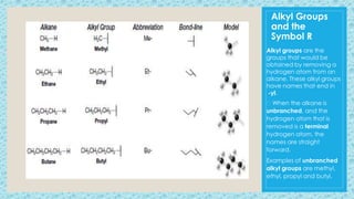 Alkyl Groups
and the
Symbol R
Alkyl groups are the
groups that would be
obtained by removing a
hydrogen atom from an
alkane. These alkyl groups
have names that end in
-yl.
When the alkane is
unbranched, and the
hydrogen atom that is
removed is a terminal
hydrogen atom, the
names are straight
forward.
Examples of unbranched
alkyl groups are methyl,
ethyl, propyl and butyl.
 