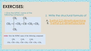 EXERCISES:
1 Give the IUPAC name of the
following compound:
2. Write the structural formula of
A. 3-ethyl-2,2-dimethylpentane
B. 5-ethyl-2,6-dimethyloctane
 