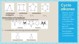 Cyclo
alkanes
 Alkanes whose
carbon atoms
are joined in
rings are called
cycloalkanes.
 They have the
general
formula CnH2n.
 The simplest
cycloalkane is
cyclopropane.
cyclopropane cyclobutane cyclopentane
cyclohexane
C3H6 C4H8 C5H10 C6H12
Nomenclature of Cycloalkanes:
1. Cycloalkanes with one ring and no substituents:
2. Cycloalkanes with one ring and one substituent:
 