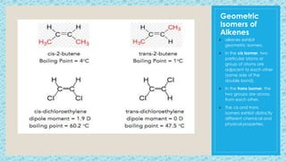 Geometric
Isomers of
Alkenes
 alkenes exhibit
geometric isomers.
 In the cis isomer, two
particular atoms or
group of atoms are
adjacent to each other
(same side of the
double bond).
 In the trans isomer, the
two groups are across
from each other.
 The cis and trans
isomers exhibit distinctly
different chemical and
physical properties.
 