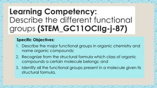 Learning Competency:
Describe the different functional
groups (STEM_GC11OCIIg-j-87)
Specific Objectives:
1. Describe the major functional groups in organic chemistry and
name organic compounds;
2. Recognize from the structural formula which class of organic
compounds a certain molecule belongs; and
3. Identify all the functional groups present in a molecule given its
structural formula.
 