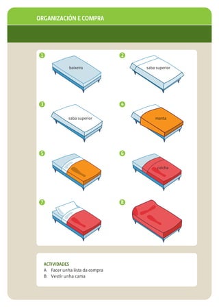ORGANIZACIÓN E COMPRA




 1                                  2

                baixeira                saba superior




 3                                  4

                saba superior               manta




 5                                  6

                                             colcha




 7                                  8




     ACTIVIDADES
     A Facer unha lista da compra
     B Vestir unha cama
 