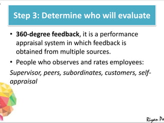Step 3: Determine who will evaluate
• 360-degree feedback, it is a performance
appraisal system in which feedback is
obtained from multiple sources.
• People who observes and rates employees:
Supervisor, peers, subordinates, customers, self-
appraisal
 