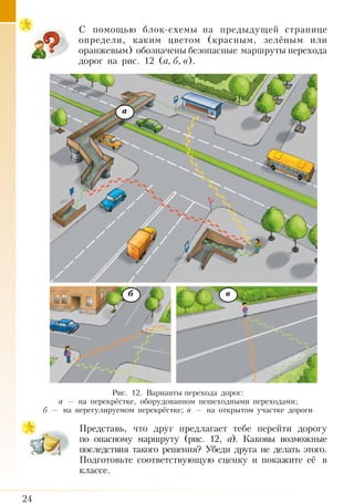 24
С помощью блок-схемы на предыдущей странице
определи, каким цветом (красным, зелёным или
оранжевым) обозначены безопасные маршруты перехода
дорог на рис. 12 (а, б, в).
Представь, что друг предлагает тебе перейти дорогу
по опасному маршруту (рис. 12, а). Каковы возможные
последствия такого решения? Убеди друга не делать этого.
Подготовьте соответствующую сценку и покажите её в
классе.
а
вб
Рис. 12. Вариан­ты пе­ре­хо­да дорог:
а — на перекрёстке, оборудованном пешеходными переходами;
б — на нерегулируемом перекрёстке; в — на открытом участке дороги
 