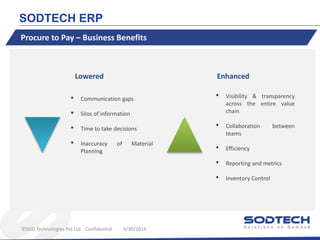 SODTECH ERP 
Procure to Pay – Business Benefits 
Lowered Enhanced 
• Communication gaps 
• Silos of information 
• Time to...