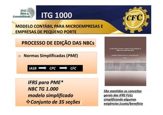 ITG 1000
MODELO CONTÁBIL PARA MICROEMPRESAS E
EMPRESAS DE PEQUENO PORTE

PROCESSO DE EDIÇÃO DAS NBCs
o Normas Simplificadas (PME)
IASB

CPC

CFC

IFRS para PME*
NBC TG 1.000
modelo simplificado
Conjunto de 35 seções)
seções)

São mantidos os conceitos
gerais das IFRS FULL
simplificando algumas
exigências (custo/benefício
custo/

 