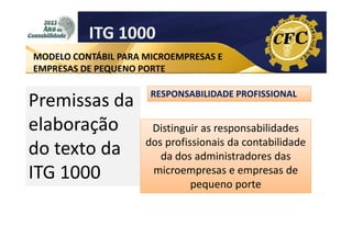 ITG 1000
MODELO CONTÁBIL PARA MICROEMPRESAS E
EMPRESAS DE PEQUENO PORTE

Premissas da
elaboração
do texto da
ITG 1000

RESPONSABILIDADE PROFISSIONAL

Distinguir as responsabilidades
dos profissionais da contabilidade
da dos administradores das
microempresas e empresas de
pequeno porte

 