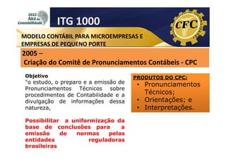 ITG 1000
MODELO CONTÁBIL PARA MICROEMPRESAS E
EMPRESAS DE PEQUENO PORTE

2005 –
Criação do Comitê de Pronunciamentos Contábeis - CPC
Objetivo

"o estudo, o preparo e a emissão de
Pronunciamentos Técnicos sobre
procedimentos de Contabilidade e a
divulgação de informações dessa
natureza,
Possibilitar a uniformização da
base de conclusões para
a
emissão
de
normas
pelas
entidades
reguladoras
brasileiras

PRODUTOS DO CPC:

• Pronunciamentos
Técnicos;
• Orientações; e
• Interpretações.

 