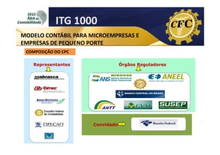 ITG 1000
MODELO CONTÁBIL PARA MICROEMPRESAS E
EMPRESAS DE PEQUENO PORTE
COMPOSIÇÃO DO CPC
Representantes

Órgãos Reguladores

Convidado

 