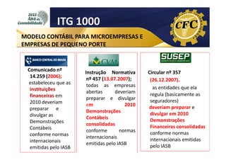 ITG 1000
MODELO CONTÁBIL PARA MICROEMPRESAS E
EMPRESAS DE PEQUENO PORTE

Comunicado nº
14.259 (2006);
estabeleceu que as
instituições
financeiras em
2010 deveriam
preparar e
divulgar as
Demonstrações
Contábeis
conforme normas
internacionais
emitidas pelo IASB

Instrução Normativa
nº 457 (13.07.2007);
todas as empresas
abertas
deveriam
preparar e divulgar
em
2010
Demonstrações
Contábeis
consolidadas
conforme
normas
internacionais
emitidas pelo IASB

Circular nº 357
(26.12.2007).
as entidades que ela
regula (basicamente as
seguradores)
deveriam preparar e
divulgar em 2010
Demonstrações
Financeiras consolidadas
conforme normas
internacionais emitidas
pelo IASB

 